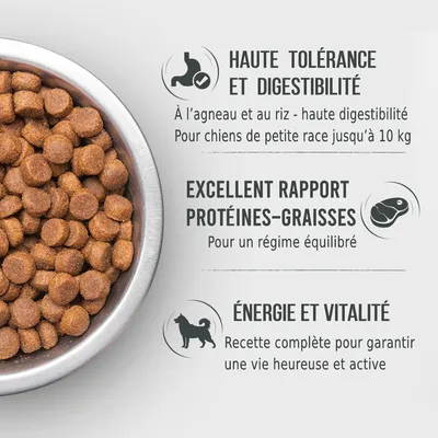 Haute tolérance et digestibilité à l’agneau et au riz pour chiens de petite race jusqu’à 10 kg, excellent rapport protéines-graisses, énergie et vitalité. Texte en français.