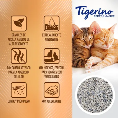 Tigerino Performance. Gránulos de arcilla natural, extremadamente absorbente, con carbón activado, muy higiénico para varios gatos, poco polvo, muy aglomerante. Imagen de dos gatos y arena.