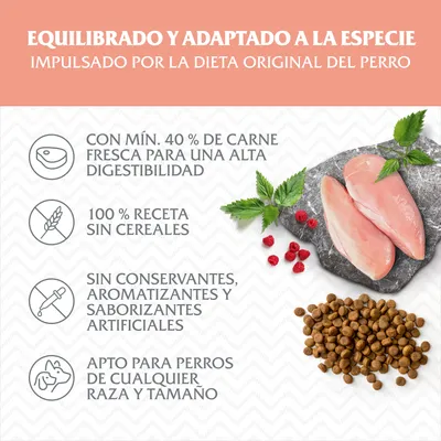 Equilibrado y adaptado a la especie. Con mín. 40 % de carne fresca, 100 % receta sin cereales, sin conservantes ni saborizantes artificiales, apto para perros de cualquier raza y tamaño.