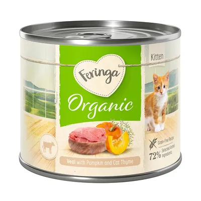 Feringa Organic Kitten, cielęcina z dynią i kocimiętką, bezzbożowa receptura, 72% wyselekcjonowanych składników pochodzenia zwierzęcego.