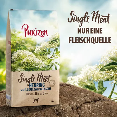 Purizon Single Meat hering bodzavirággal, csak egyféle húsforrás, 12 kg. Analízis: 60% fehérje, 40% zsír, 0% cukor.