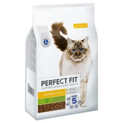 Perfect Fit Sensitive 1+ kattenvoer, afbeelding van kat op de verpakking, tekst: supports whole body health, total 5, zichtbaar droogvoer in zak.