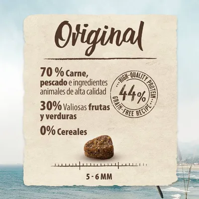 Original. 70 % carne, pescado e ingredientes animales de alta calidad, 30 % valiosas frutas y verduras, 0 % cereales. 44 % high-quality protein grain-free recipe. 5–6 mm.