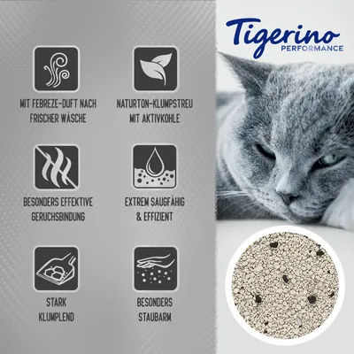 Tigerino Performance Naturton-Klumpstreu mit Aktivkohle, Febreze-Duft, besonders geruchsbindend, extrem saugfähig, stark klumpend und staubarm.