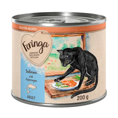 Feringa Adult Katzenfutter, Sorte Lachs mit Spargel, 200g Dose. Text: Homemade taste begins with love.