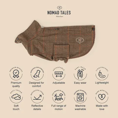 Nomad Tales München пальто для собак: премиальное качество, комфортный дизайн, регулируемый, легко надевать, легкий, мягкая ткань, светоотражающие элементы, свобода движений, можно стирать в машине, изготовлено с любовью.