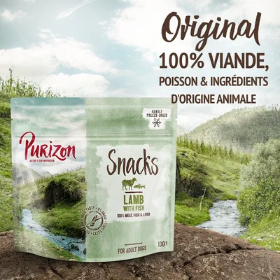 Purizon Snacks Lamb with Fish, 100 g. Texte visible : Original 100 % viande, poisson & ingrédients d’origine animale. Pour chiens adultes. Gently freeze-dried.