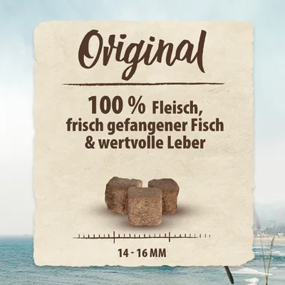 Original. 100 % Fleisch, frisch gefangener Fisch & wertvolle Leber. Würfelgröße: 14-16 mm.