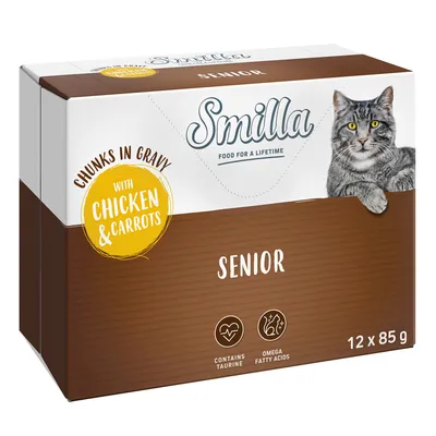 Smilla Senior cat food, chunks in gravy with chicken and carrots, contains taurine and omega fatty acids, pack of 12 x 85 g.