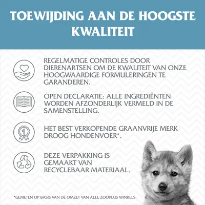 Toewijding aan de hoogste kwaliteit: regelmatige controles door dierenartsen, open declaratie ingrediënten, best verkopend graanvrij droog hondenvoer, verpakking van recyclebaar materiaal.