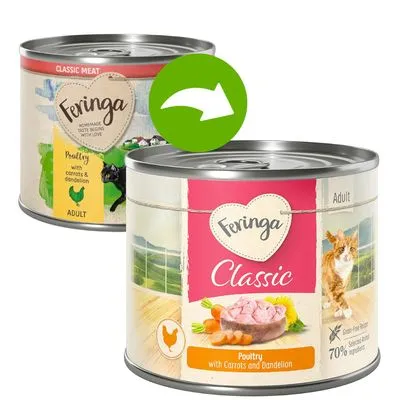 Changement d’emballage : deux boîtes Feringa Classic pour chat adulte, volaille avec carottes et pissenlit. Ancien et nouveau design visibles, texte en anglais sur les étiquettes.