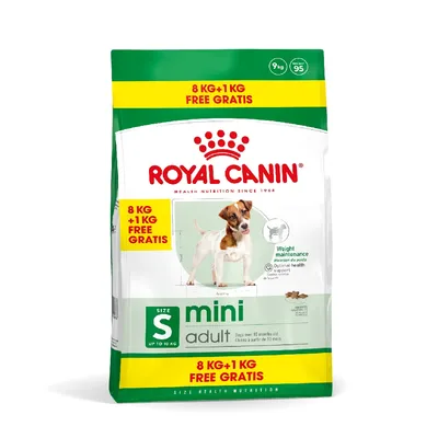Royal Canin Mini Adult dry food, 8kg plus 1kg free offer. For small size S, adult dogs over 10 months old, weight maintenance and optimal health support. Total pack weight 9kg.