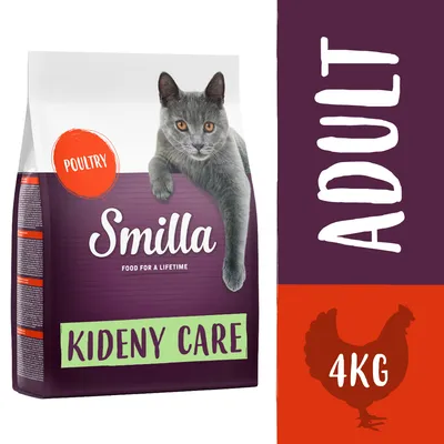 Smilla Katzenfutter für Erwachsene, Poultry Kidney Care, 4kg. Lila Verpackung mit Bild einer grauen Katze und Huhn-Symbol.