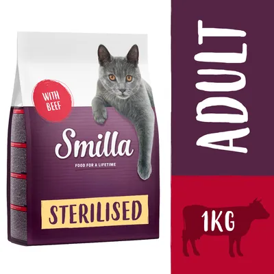 Smilla Sterilised Adult Katzenfutter mit Rind, 1kg. Für sterilisierte Katzen. Verpackung zeigt graue Katze und Text 'With Beef'.