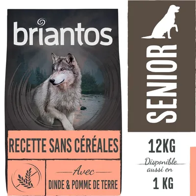 briantos RECETTE SANS CÉRÉALES SENIOR Avec DINDE & POMME DE TERRE, 12 kg, disponible aussi en 1 kg. Image d’un loup sur l’emballage.