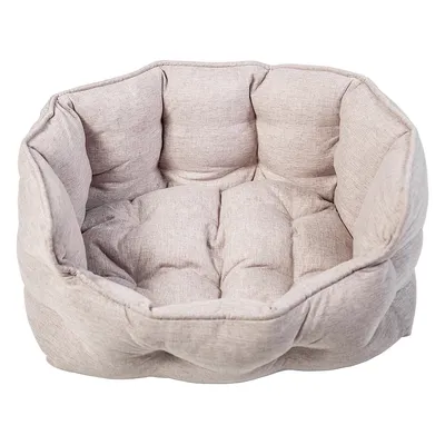 Light grey, padded pet bed with soft fabric and raised edge for extra comfort.