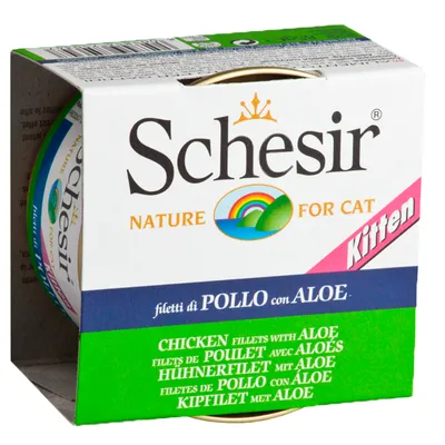 Schesir Nature for Cat Kitten, filetti di pollo con aloe. Texto visible en varios idiomas: chicken fillets with aloe, filets de poulet avec aloès, filet de pollo con aloe.