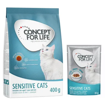 Concept for Life Sensitive Cats, Trockenfutter 400g und Nassfutter 85g für sensible Katzen ab dem 1. Lebensjahr. Enthält gesunde Darmflora, tierisches Protein und Kohlenhydratquelle.
