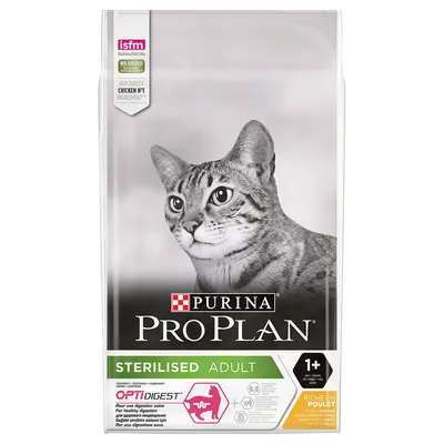 PURINA PRO PLAN STERILISED ADULT kattefoder, OPTIDIGEST, CHICKEN N°1 INGREDIENT, 1+, RICHE EN POULET. Billede af kat på forsiden. ISFM og NO ADDED farvestoffer synligt.