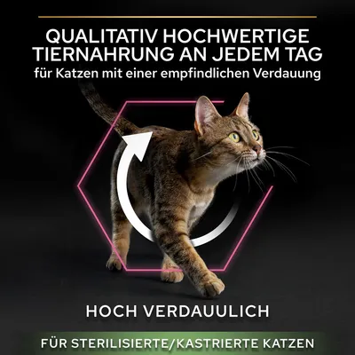 Qualitativ hochwertige Tiernahrung für Katzen mit empfindlicher Verdauung. Hoch verdaulich, geeignet für sterilisierte/kastrierte Katzen.