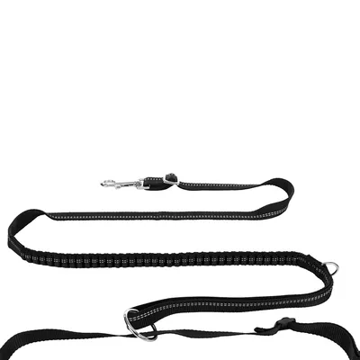 Schwarze Hundeleine mit reflektierenden Nähten, Metallkarabiner und verstellbaren Schlaufen. Elastischer Abschnitt für Stossdämpfung sichtbar.