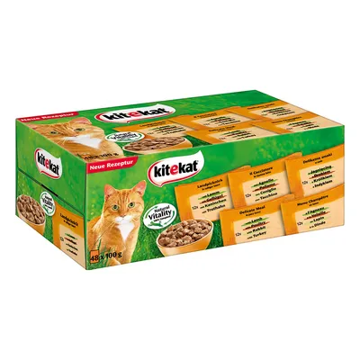 Confezione Kitekat 48x100g, visibili bustine con scritte: Agnello, Coniglio, Tacchino, Natural Vitality. Immagine di un gatto arancione e ciotola di bocconcini.