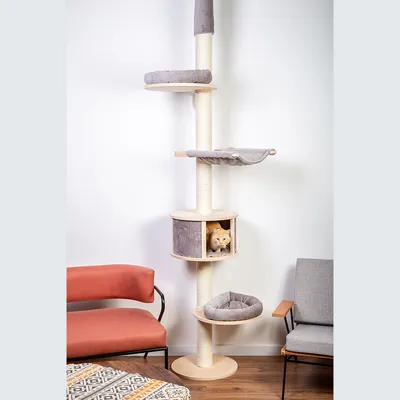 Cat tree with multiple levels, including a cave, hammock and resting areas. An orange cat is sitting in the cave.