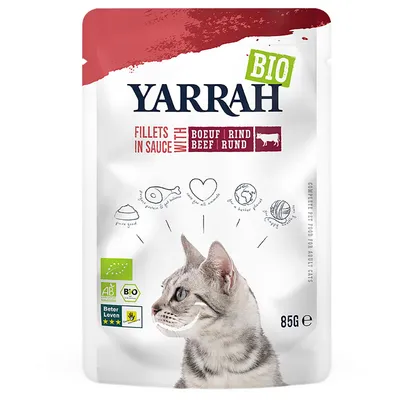 Yarrah BIO Fillets in Sauce with Beef -kissanruoka, 85 g. Pakkauksessa harmaa raidallinen kissa, luomusertifikaatit ja tekstiä englanniksi: 'Fillets in sauce with beef'.