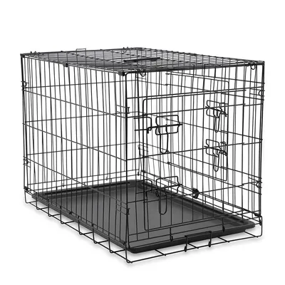 Cage pour animal en métal noir avec plateau amovible en plastique, deux portes à loquet visibles sur le devant et le côté.