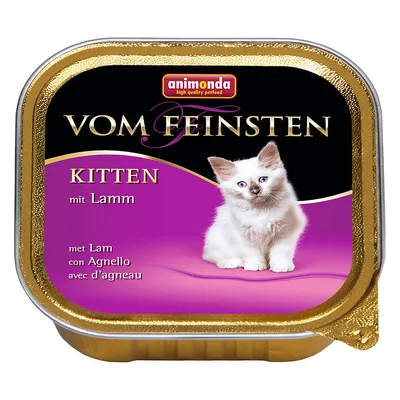 animonda Vom Feinsten Kitten met Lam, kattenvoer voor kittens. Tekst op verpakking: 'mit Lamm', 'met Lam', 'con Agnello', 'avec d’agneau'. Afbeelding van een kitten.