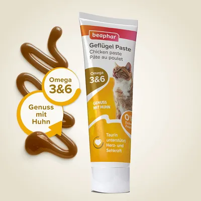 beaphar Geflügel Paste mit Omega 3 & 6, Genuss mit Huhn, 0% Zuckerzusatz. Taurin unterstützt Herz- und Sehkraft.