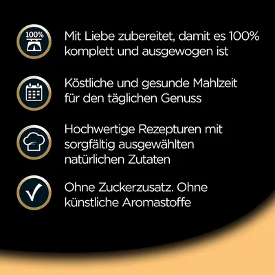 Text in German: Mit Liebe zubereitet, damit es 100% komplett und ausgewogen ist. Köstliche und gesunde Mahlzeit für den täglichen Genuss. Hochwertige Rezepturen mit sorgfältig ausgewählten natürlichen Zutaten. Ohne Zuckerzusatz. Ohne künstliche Aromastoffe.