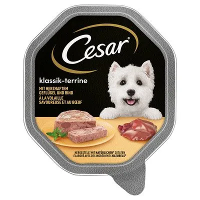 Cesar klassik-terrine, met hartig gevogelte en rund. Afbeelding van terrine en vlees op de verpakking. Tekst in Duits en Frans aanwezig.