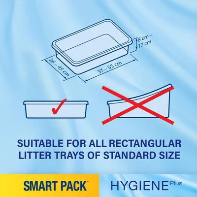 Prikaz dimenzija pravokutne posude: 37–55 cm x 26–45 cm x 17–18 cm. Prikladno za sve standardne pravokutne posude. SMART PACK, HYGIENE Plus. Tekst na engleskom jeziku.