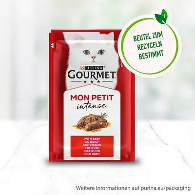 Purina Gourmet Mon Petit Intense med nötkött. Påse avsedd för återvinning. Mer information på purina.eu/packaging.