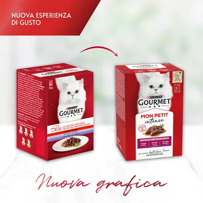 Confronto tra due confezioni di Purina Gourmet Mon Petit per gatti, vecchia e nuova grafica, entrambe con immagine di gatto bianco e testo 'nuova esperienza di gusto' e 'nuova grafica'.