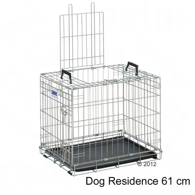 Metal wire crate with open top door, black tray at the base, two carrying handles, labelled as Dog Residence 61 cm.