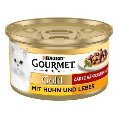 Purina Gourmet Gold, möra bitar i sås med kyckling och lever. Visad: burk med produktnamn och bild av vit katt.