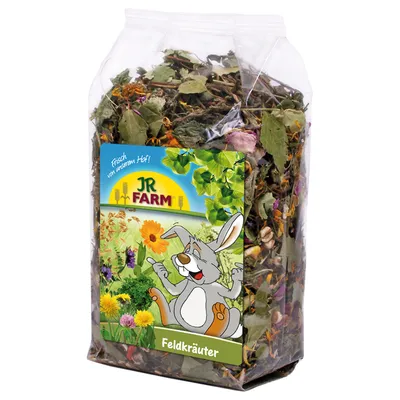 JR Farm mezei gyógynövények, friss gyógynövénykeverék átlátszó csomagolásban, boldog nyúl illusztrációval és virágmintával.