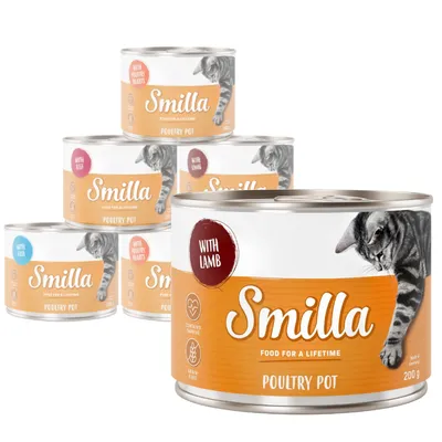 Smilla Poultry Pot cat food tins, visible flavours: with lamb, with beef, with fish, with poultry hearts. Labels show 'contains taurine', 'grain-free'. 200g tin size shown.