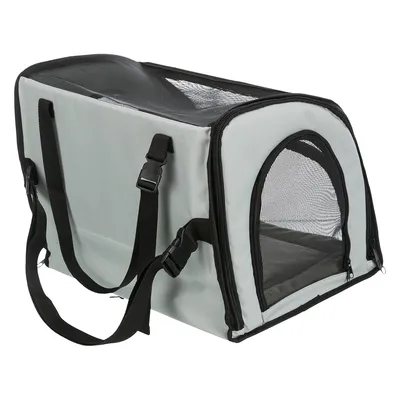 Transport bag made of grey fabric with black carrying straps and mesh windows for ventilation. Front with zip opening.