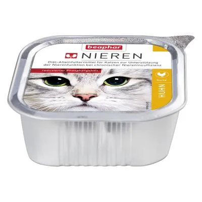 beaphar Nieren, karma dla kotów, Huhn, opakowanie z wizerunkiem kota, widoczny napis: reduzierter Phosphorgehalt. Tekst na etykiecie w języku niemieckim.