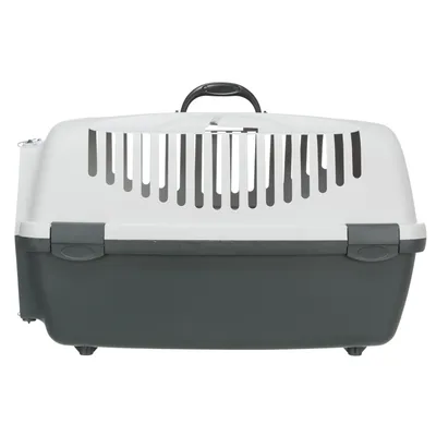 Transportbox van kunststof met ventilatiesleuven, draaggreep en veilig sluitsysteem.