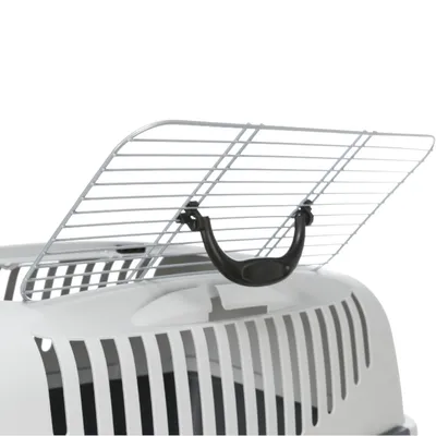Transportbox met open metalen roosterdeksel en zwart handvat.