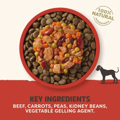 100% naturlige ingredienser. Hovedingredienser: Oksekød, gulerødder, ærter, kidneybønner, vegetabilsk geleringsmiddel. 100% naturlige ingredienser. Hovedingredienser: Oksekød, gulerødder, ærter, kidneybønner, vegetabilsk geleringsmiddel.