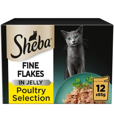 Sheba Fine Flakes in Jelly Poultry Selection, 12 packs of 85g each, shown with a bowl of food and product details on the packaging.