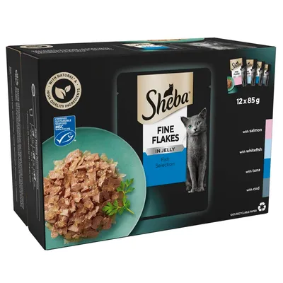 Sheba Fine Flakes in Jelly Fish Selection, 12 x 85g. Includes salmon, whitefish, tuna and cod varieties. Features natural ingredients and MSC certified sustainable seafood.