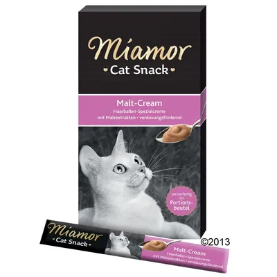 Miamor Cat Snack Malt-Cream, Haarballen-Spezialcreme mit Malzextrakten, verdauungsfördernd. Imagine cu o pisică și un plic porționat. Text în germană pe ambalaj.