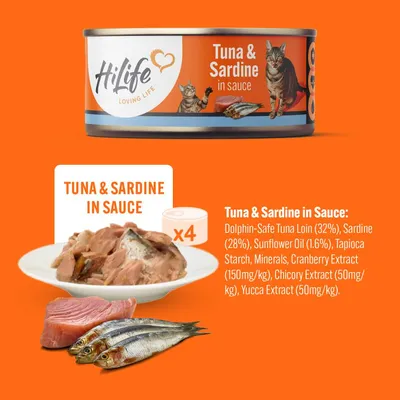 Tuna and sardine in sauce, pack of 4. Ingredients: dolphin-safe tuna loin 32%, sardine 28%, sunflower oil 1.6%, tapioca starch, minerals, cranberry, chicory, yucca extracts.