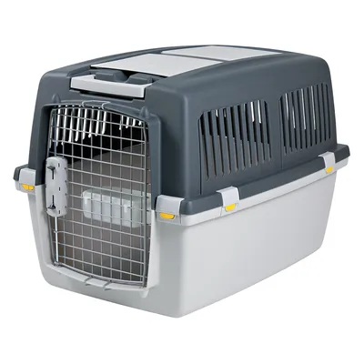 Caisse de transport en plastique gris avec porte métallique grillagée, aérations latérales et fermetures à clips visibles sur les côtés.